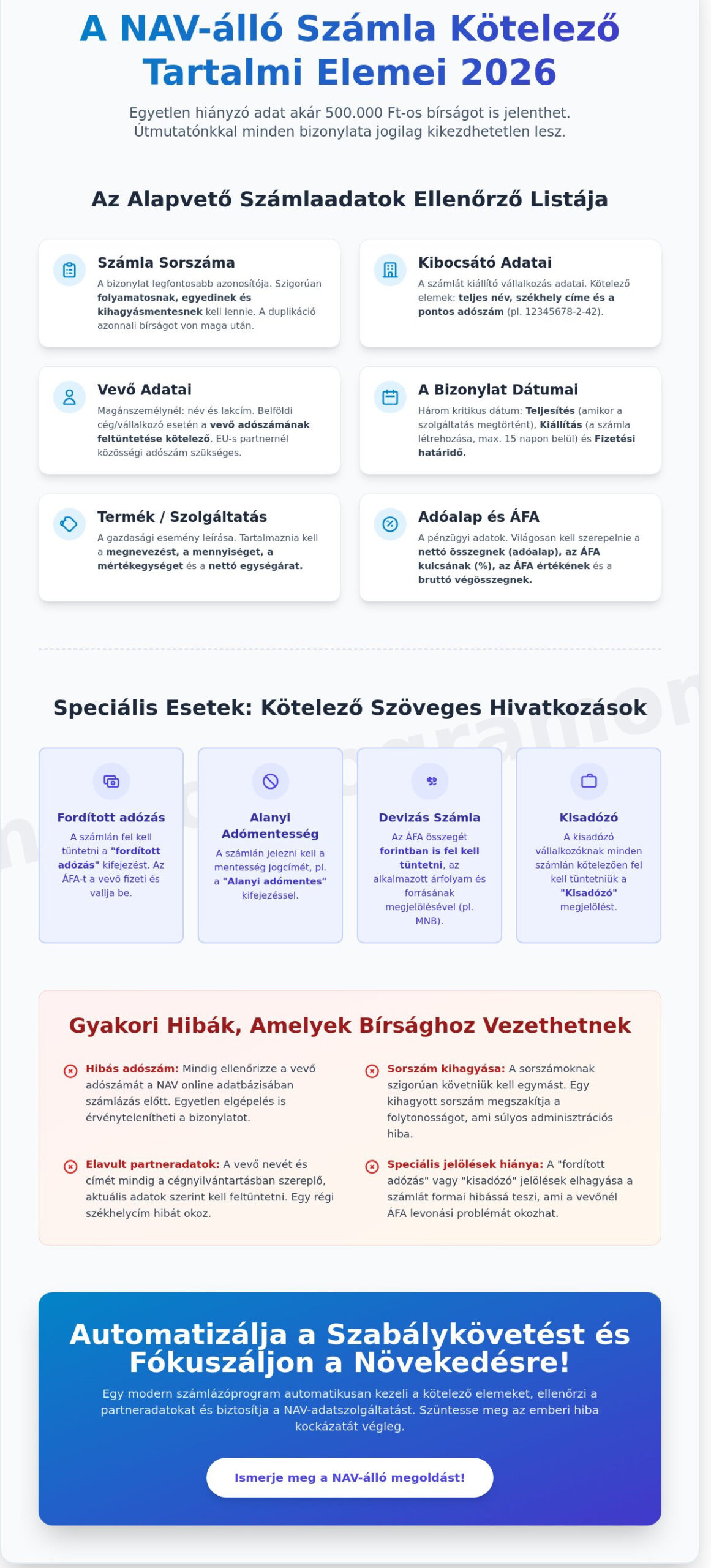 Számla kötelező tartalmi elemei 2026: Teljes ellenőrző lista vállalkozóknak